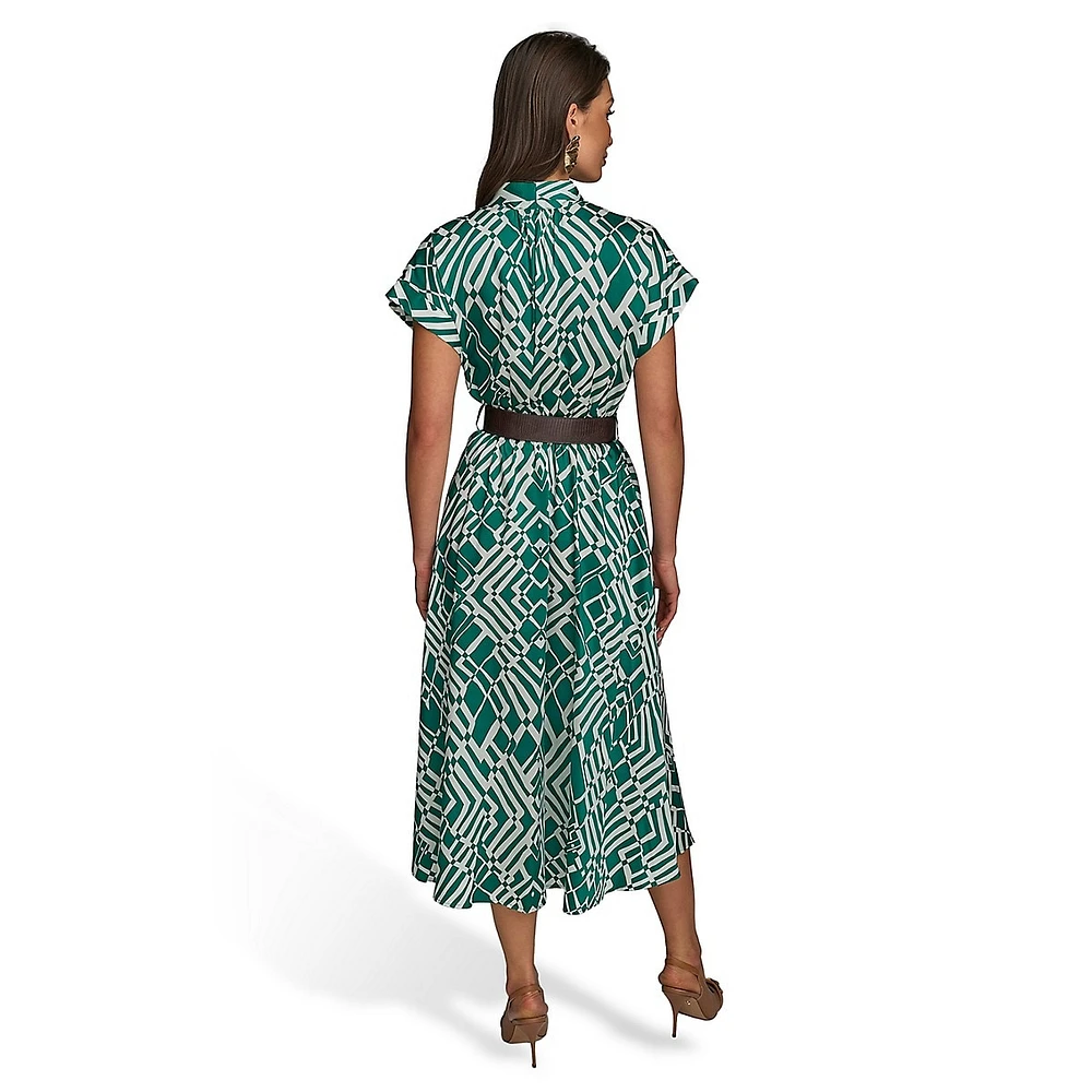 Belted Pleated French Twill Fit-&-Flare Dress