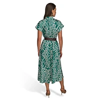 Belted Pleated French Twill Fit-&-Flare Dress