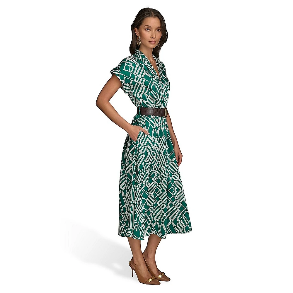 Belted Pleated French Twill Fit-&-Flare Dress