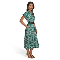 Belted Pleated French Twill Fit-&-Flare Dress