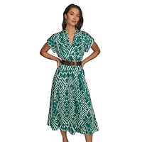Belted Pleated French Twill Fit-&-Flare Dress