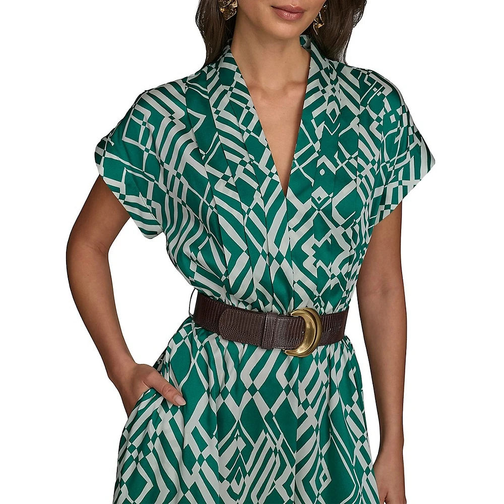 Belted Pleated French Twill Fit-&-Flare Dress
