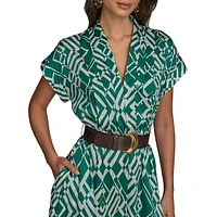Belted Pleated French Twill Fit-&-Flare Dress