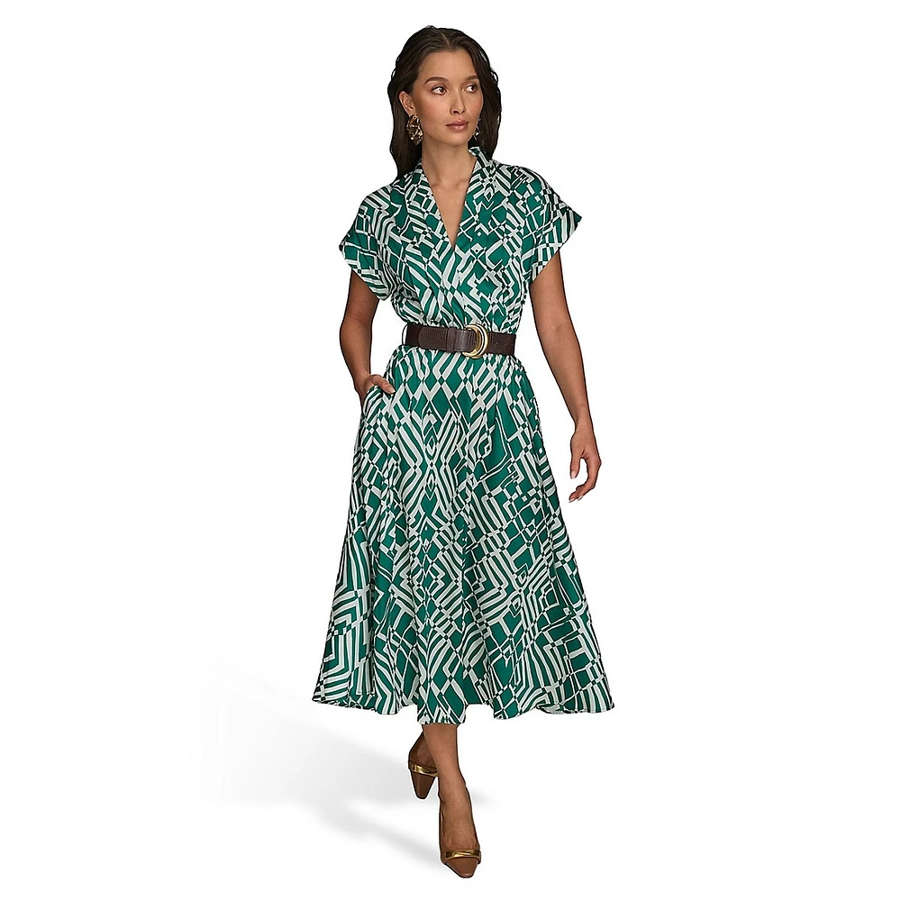 Belted Pleated French Twill Fit-&-Flare Dress