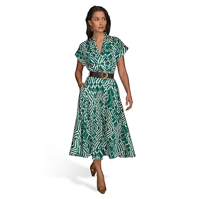 Belted Pleated French Twill Fit-&-Flare Dress