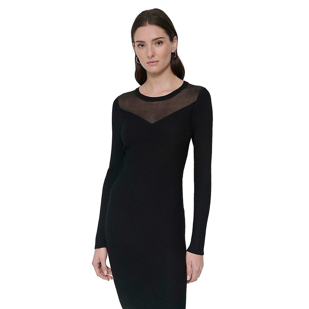 Mesh-Yoke Asymmetric Fitted Sweater Dress