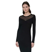 Mesh-Yoke Asymmetric Fitted Sweater Dress