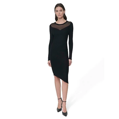 Mesh-Yoke Asymmetric Fitted Sweater Dress