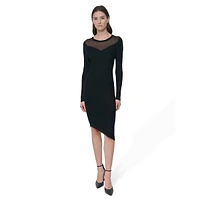 Mesh-Yoke Asymmetric Fitted Sweater Dress