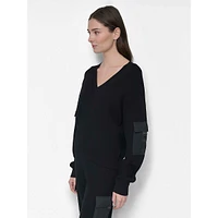 V-Neck Ribbed Sweater With Satin Pockets