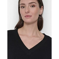 V-Neck Ribbed Sweater With Satin Pockets