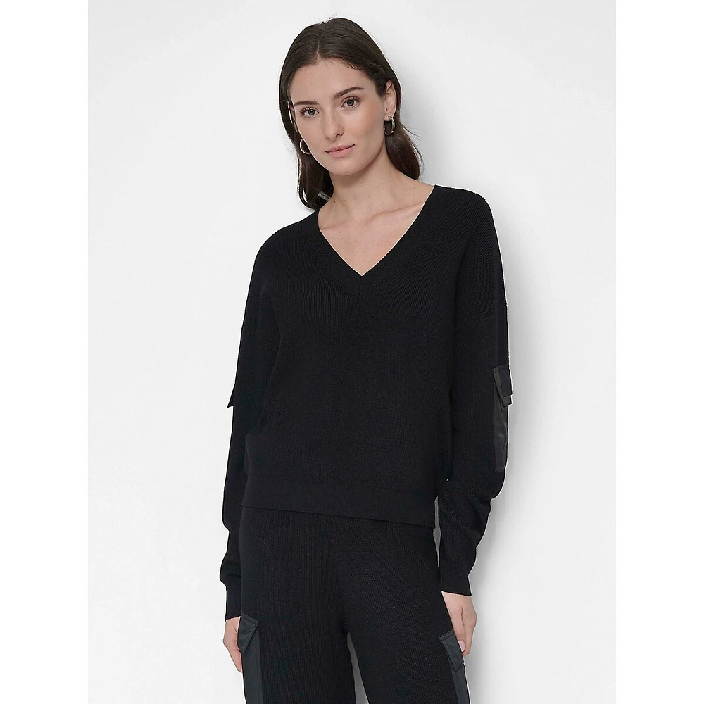 V-Neck Ribbed Sweater With Satin Pockets