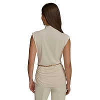 Ruched Sleeveless Top With Chain Belt