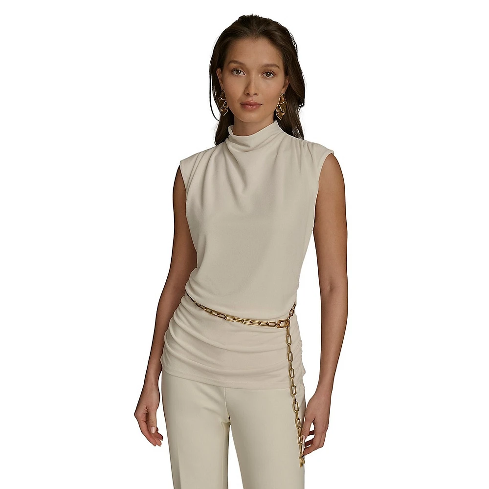 Ruched Sleeveless Top With Chain Belt