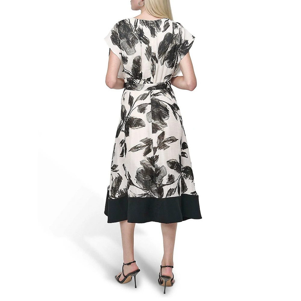 Abstract Floral Asymetrical-Hem Midi Dress