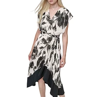 Abstract Floral Asymetrical-Hem Midi Dress