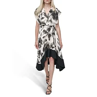 Abstract Floral Asymetrical-Hem Midi Dress