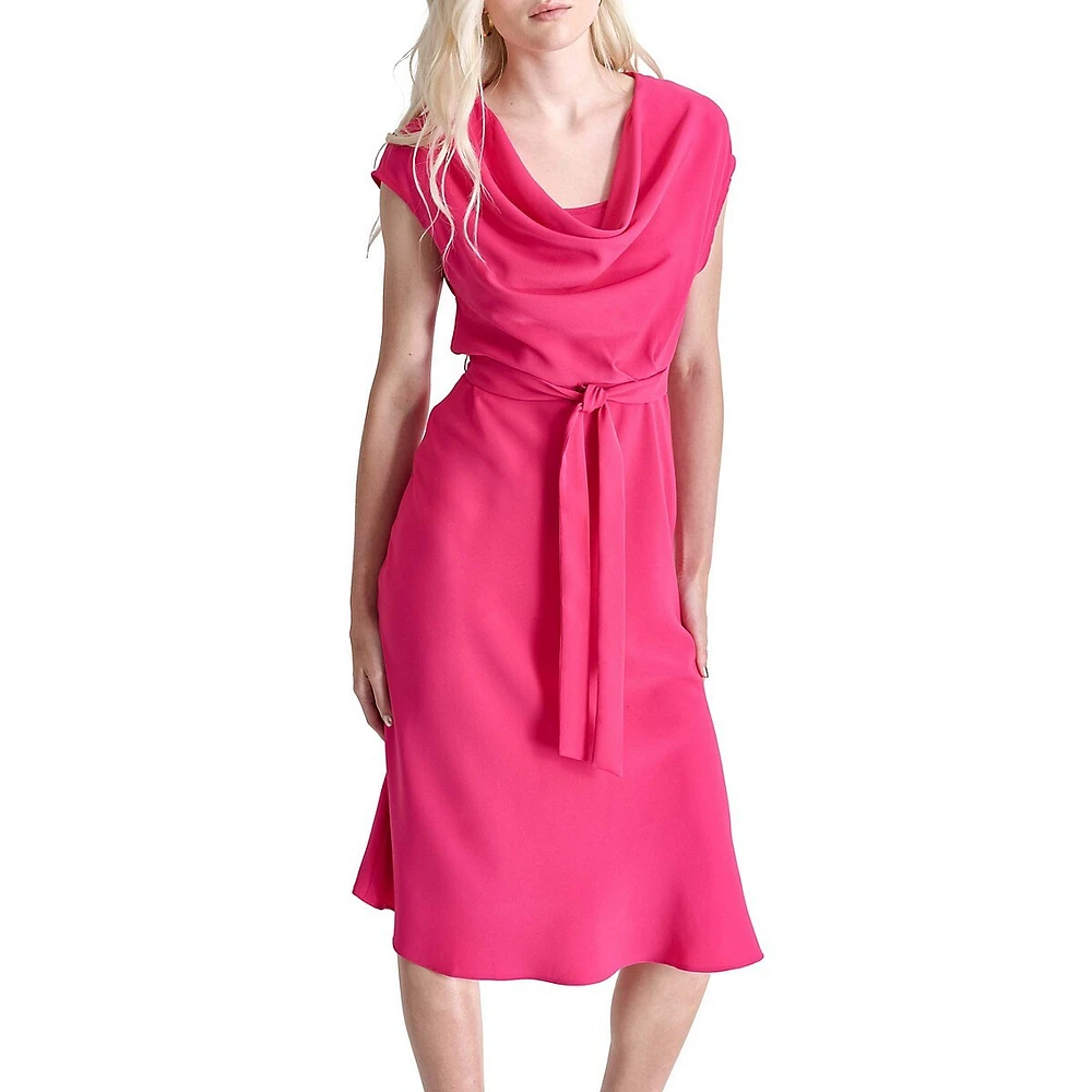 Draped Crepe Cowl-Neck Midi Dress