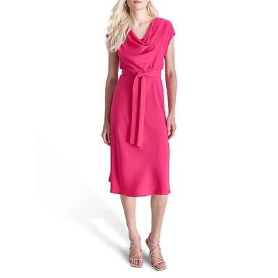 Draped Crepe Cowl-Neck Midi Dress