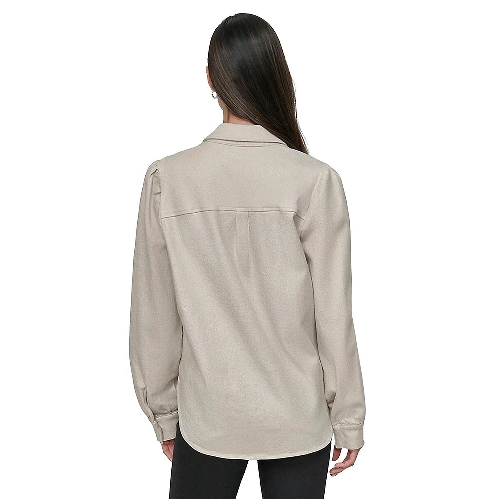 Metallic-Coated Denim Puff-Shoulder Shirt