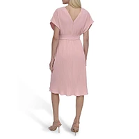 Plissé Faux Wrap Midi Dress