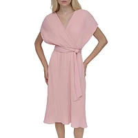 Plissé Faux Wrap Midi Dress