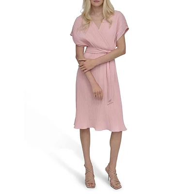 Plissé Faux Wrap Midi Dress