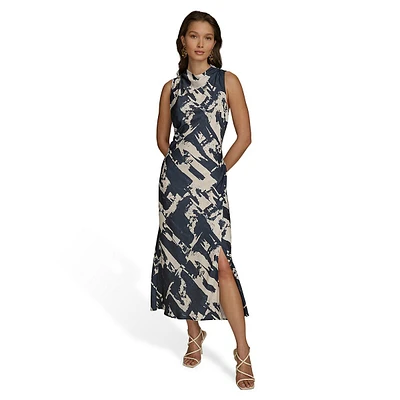 Abstract-Print Sleeveless Midi Dress