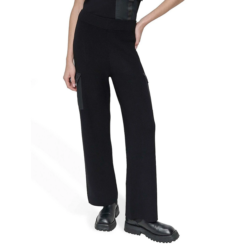 Pull-On Ribbed Knit Pants With Satin Cargo Pockets