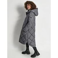 Hooded Long Diamond-Quilt Coat