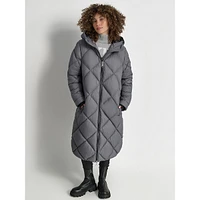 Hooded Long Diamond-Quilt Coat