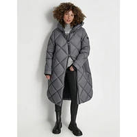 Hooded Long Diamond-Quilt Coat