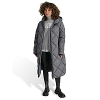 Hooded Long Diamond-Quilt Coat