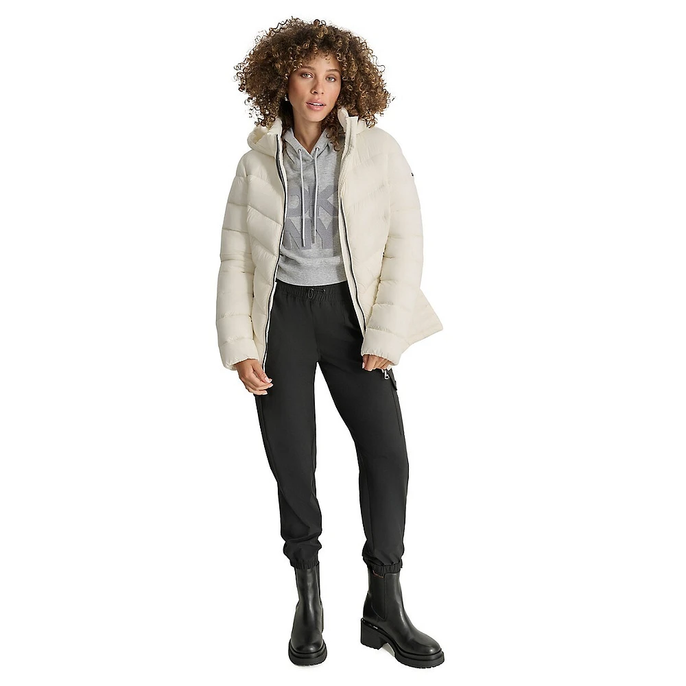 Packable Hooded Chevron-Quilt Short Coat