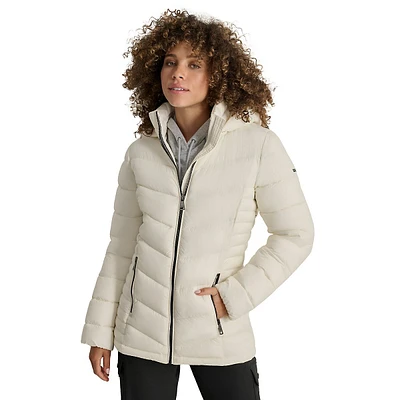 Packable Hooded Chevron-Quilt Short Coat