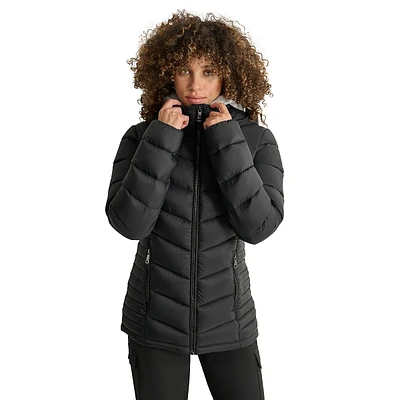 Packable Hooded Chevron-Quilt Short Coat