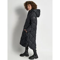 Hooded Long Diamond-Quilt Coat