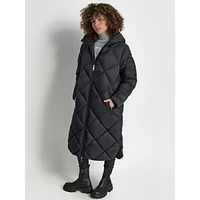 Hooded Long Diamond-Quilt Coat