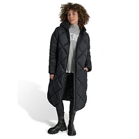 Hooded Long Diamond-Quilt Coat