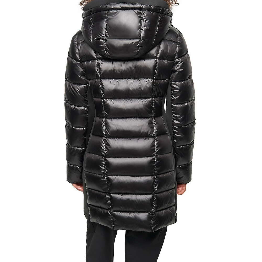 Packable Mixed-Media Midi Puffer Coat