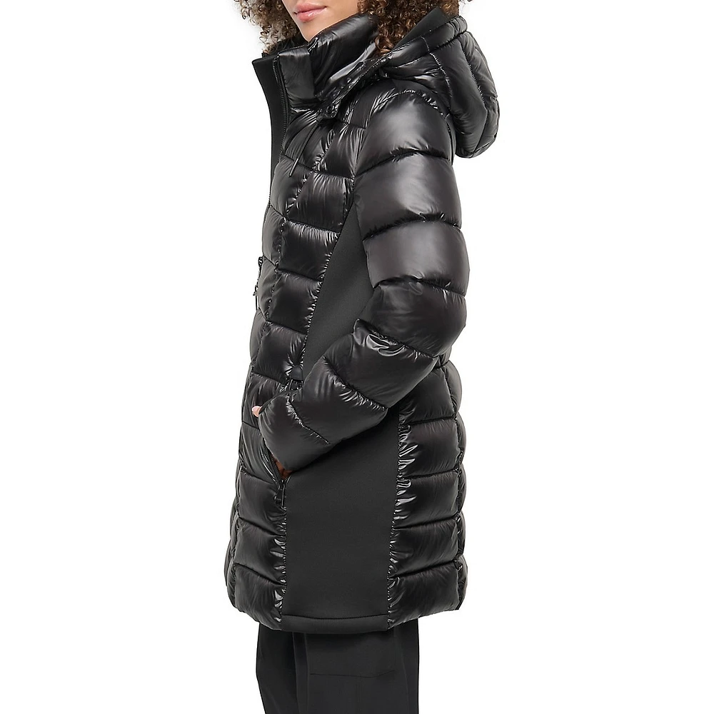 Packable Mixed-Media Midi Puffer Coat