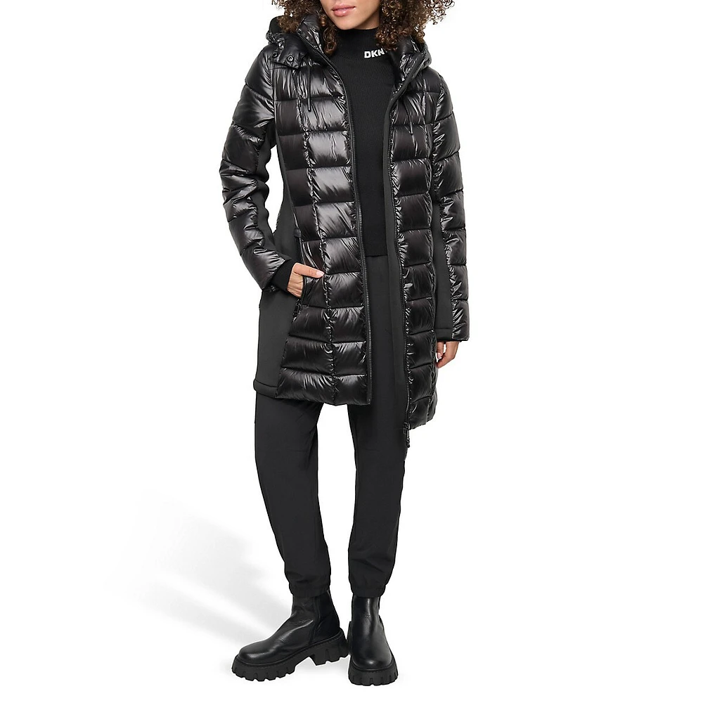 Packable Mixed-Media Midi Puffer Coat