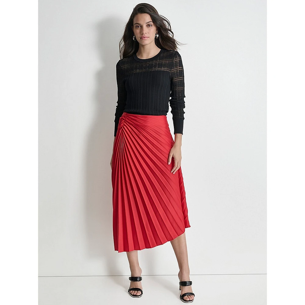 Asymmetrical Pleated Satin Midi Skirt