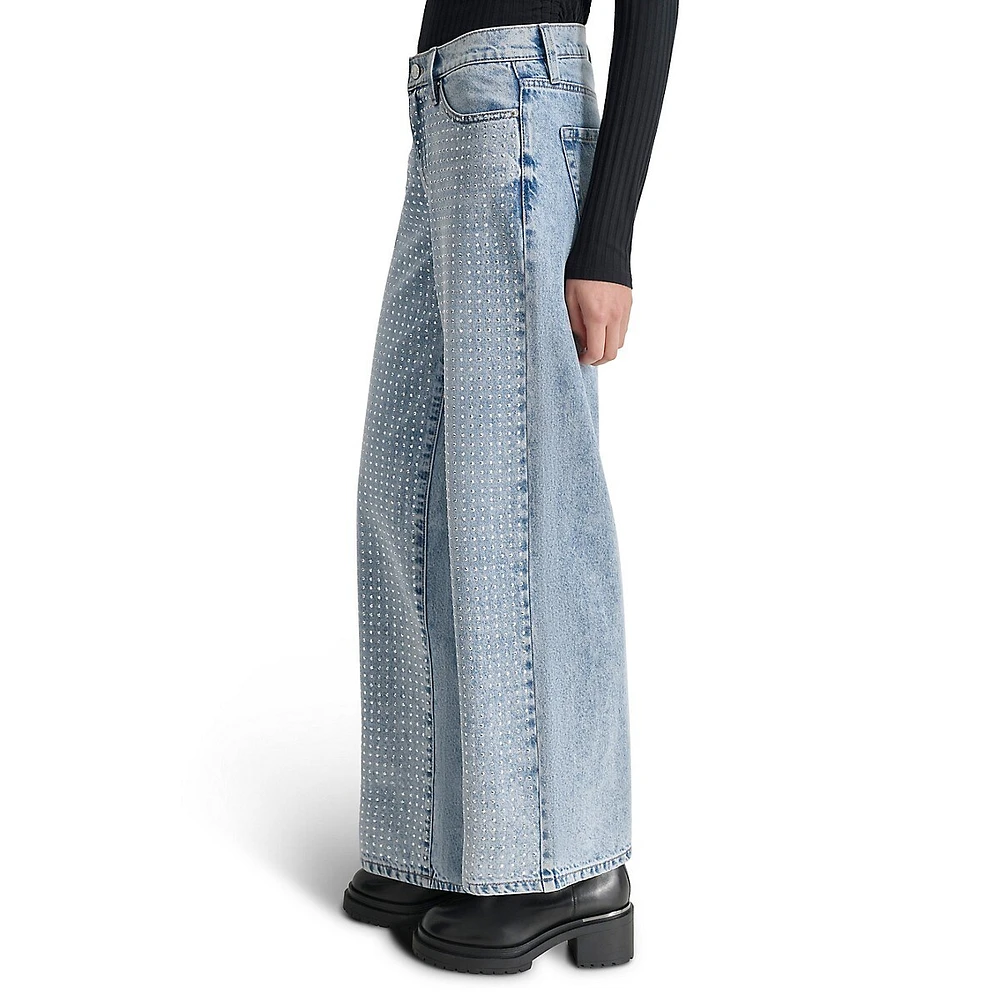 High-Rise Rhinestone Embellished Wide-Leg Jeans