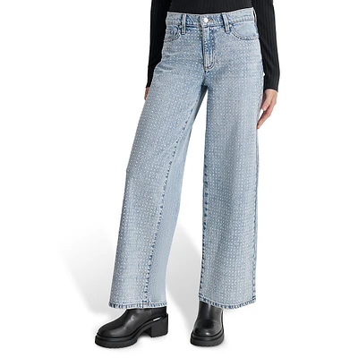 High-Rise Rhinestone Embellished Wide-Leg Jeans