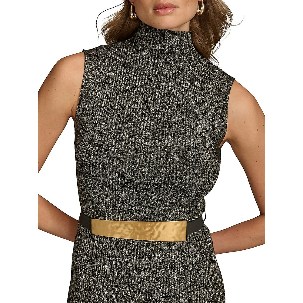 Sleeveless Lurex Ribbed-Knit Mockneck Midi Dress