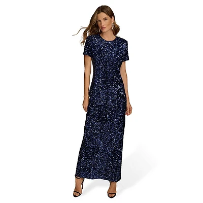 Sequined Short-Sleeve Maxi Gown