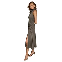 Ruched Satin Halter Mockneck Midi Dress