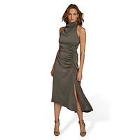 Ruched Satin Halter Mockneck Midi Dress