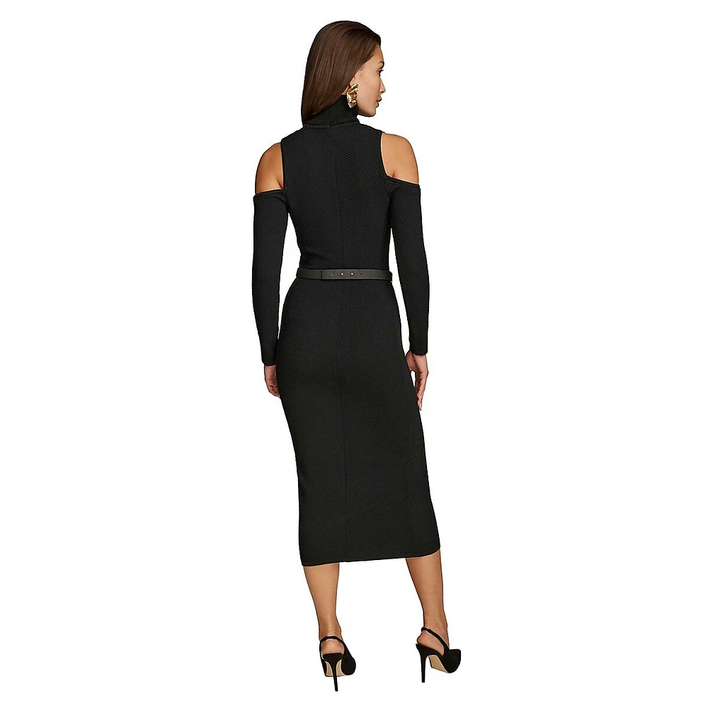 Belted Mockneck Cold-Shoulder Ribbed Midi Dress